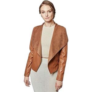 Escalier Faux Leather Brown Slim Open Front Lapel Blazer Jacket
